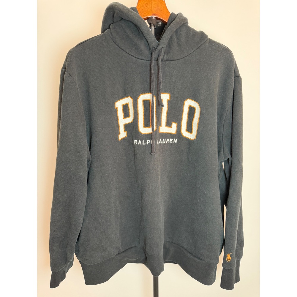 Polo Ralph Lauren Mens XL Black Fleece Pullover Hoodie Varsity Logo Orange Pony
